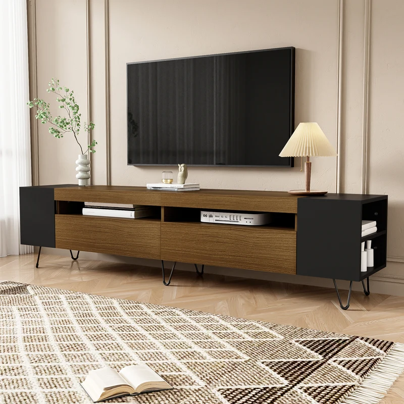Meuble TV noir et effet bois 2 porte battantes étagère ouvertes cotés 180*36*43cm VRALXID
