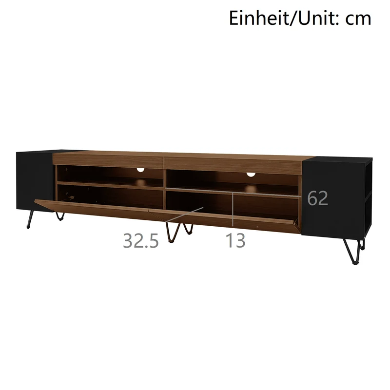 Meuble TV noir et effet bois 2 porte battantes étagère ouvertes cotés 180*36*43cm VRALXID