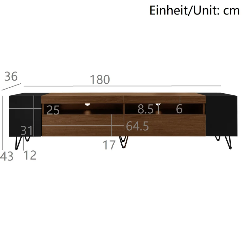 Meuble TV noir et effet bois 2 porte battantes étagère ouvertes cotés 180*36*43cm VRALXID
