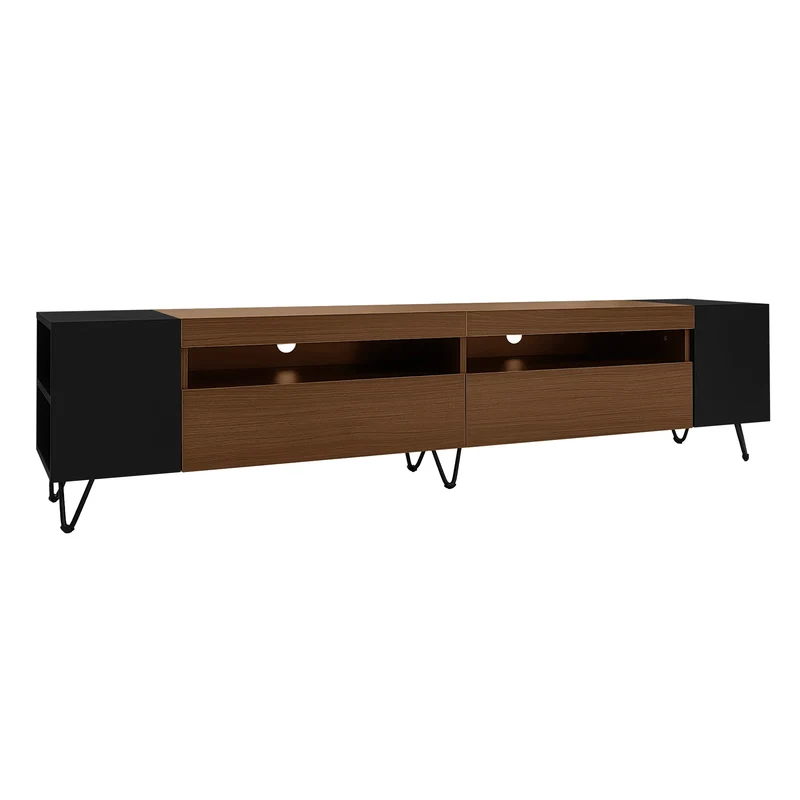 Meuble TV noir et effet bois 2 porte battantes étagère ouvertes cotés 180*36*43cm VRALXID