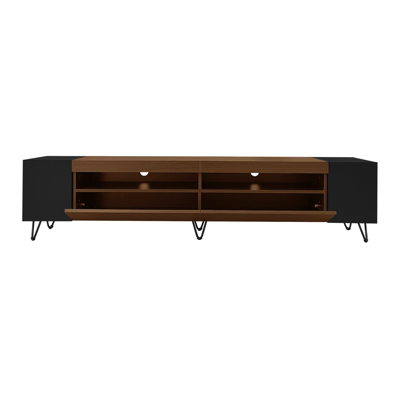 Meuble TV noir et effet bois 2 porte battantes étagère ouvertes cotés 180*36*43cm VRALXID