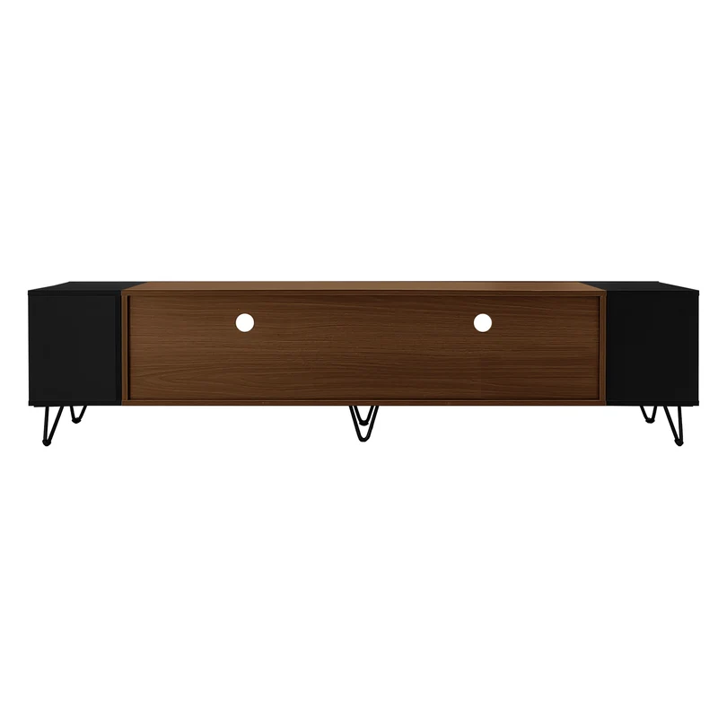 Meuble TV noir et effet bois 2 porte battantes étagère ouvertes cotés 180*36*43cm VRALXID