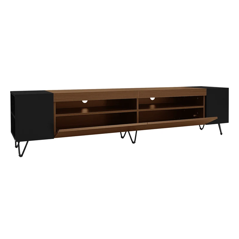 Meuble TV noir et effet bois 2 porte battantes étagère ouvertes cotés 180*36*43cm VRALXID