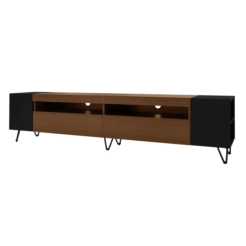Meuble TV noir et effet bois 2 porte battantes étagère ouvertes cotés 180*36*43cm VRALXID