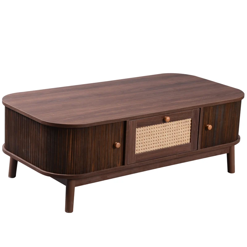 Table basse effet noyer vintage et rotin 1 tiroir et 2 niches portes coulissantes OSOR