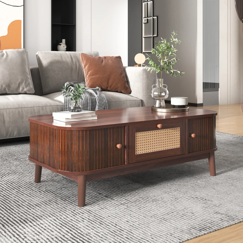 Table basse effet noyer vintage et rotin 1 tiroir et 2 niches portes coulissantes OSOR