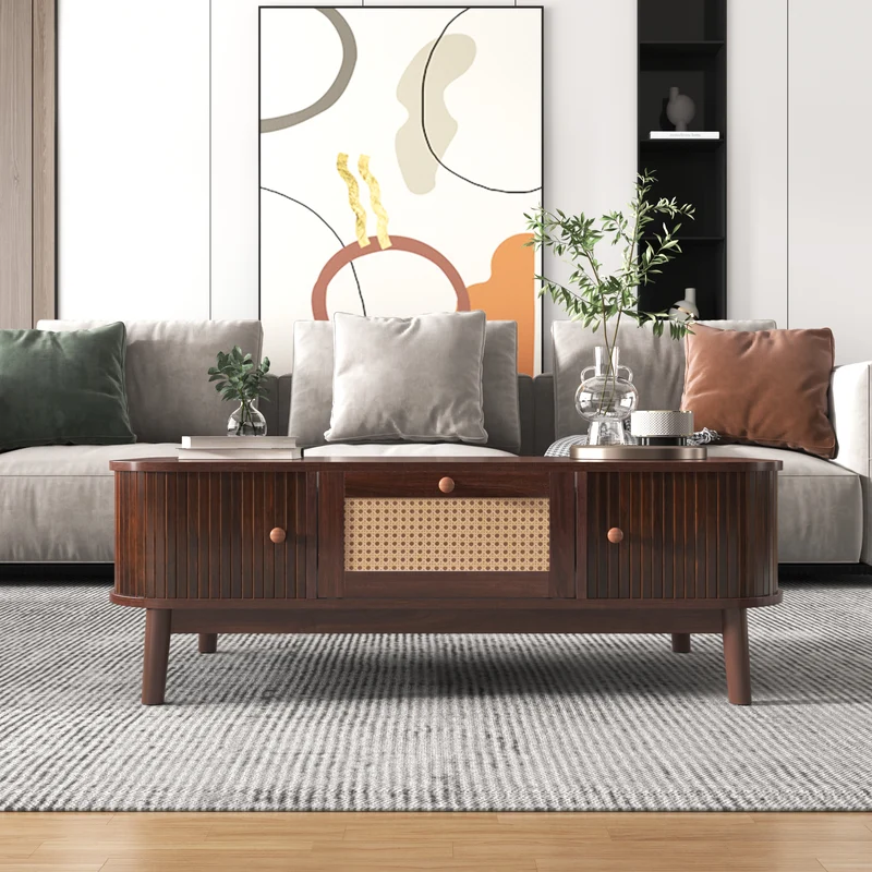Table basse effet noyer vintage et rotin 1 tiroir et 2 niches portes coulissantes OSOR