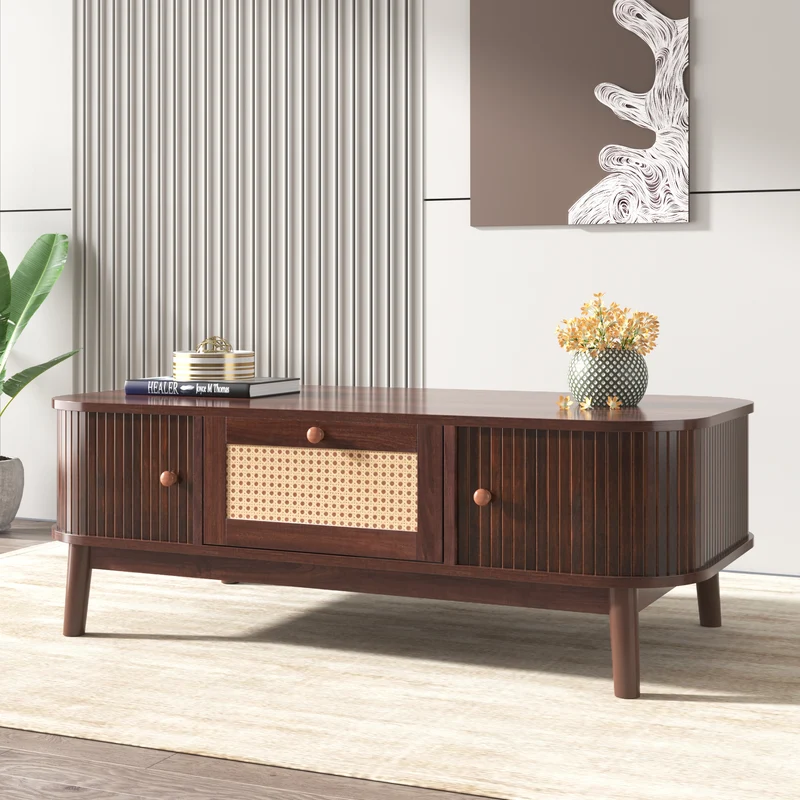 Table basse effet noyer vintage et rotin 1 tiroir et 2 niches portes coulissantes OSOR