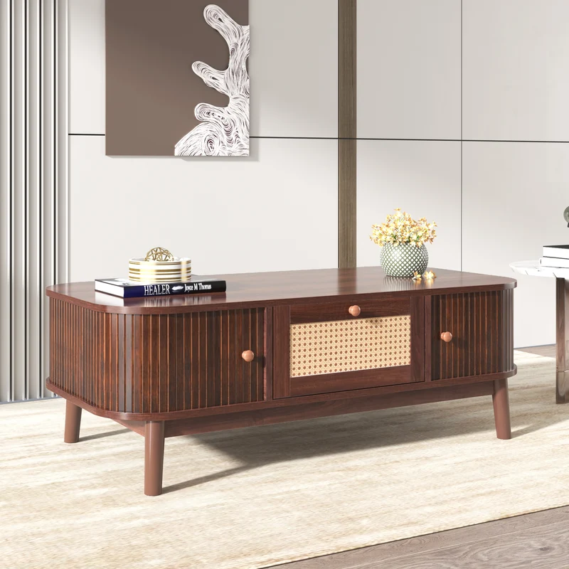 Table basse effet noyer vintage et rotin 1 tiroir et 2 niches portes coulissantes OSOR