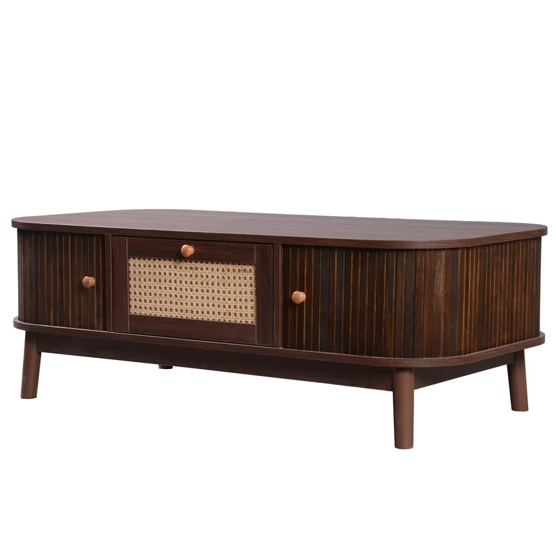 Table basse effet noyer vintage et rotin 1 tiroir et 2 niches portes coulissantes OSOR