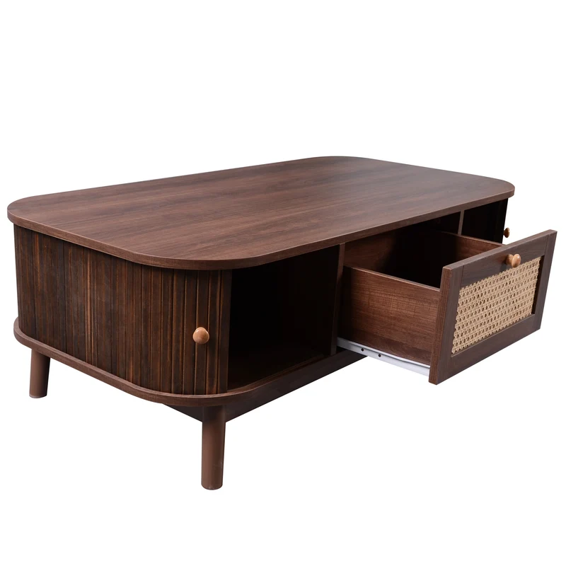Table basse effet noyer vintage et rotin 1 tiroir et 2 niches portes coulissantes OSOR