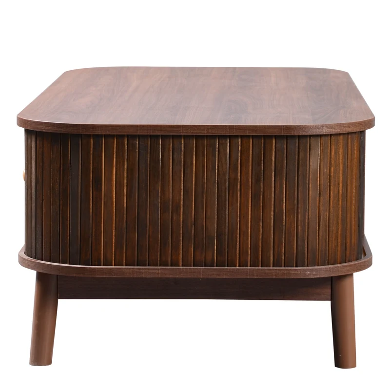 Table basse effet noyer vintage et rotin 1 tiroir et 2 niches portes coulissantes OSOR