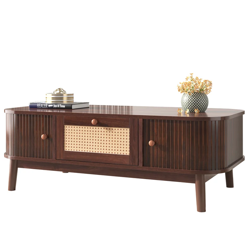 Table basse effet noyer vintage et rotin 1 tiroir et 2 niches portes coulissantes OSOR