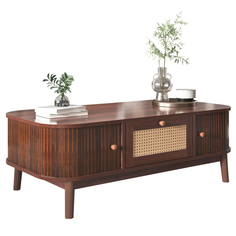 Table basse effet noyer vintage et rotin 1 tiroir et 2 niches portes coulissantes OSOR