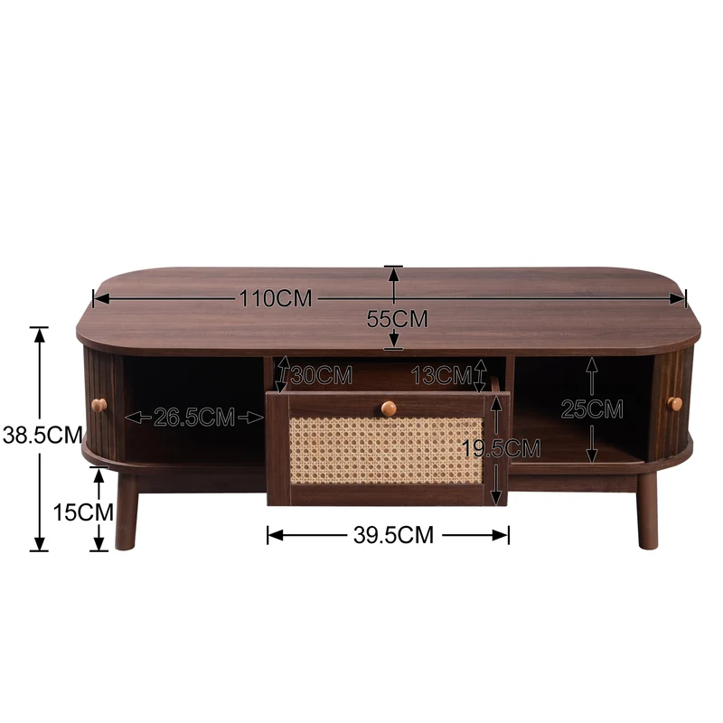 Table basse effet noyer vintage et rotin 1 tiroir et 2 niches portes coulissantes OSOR