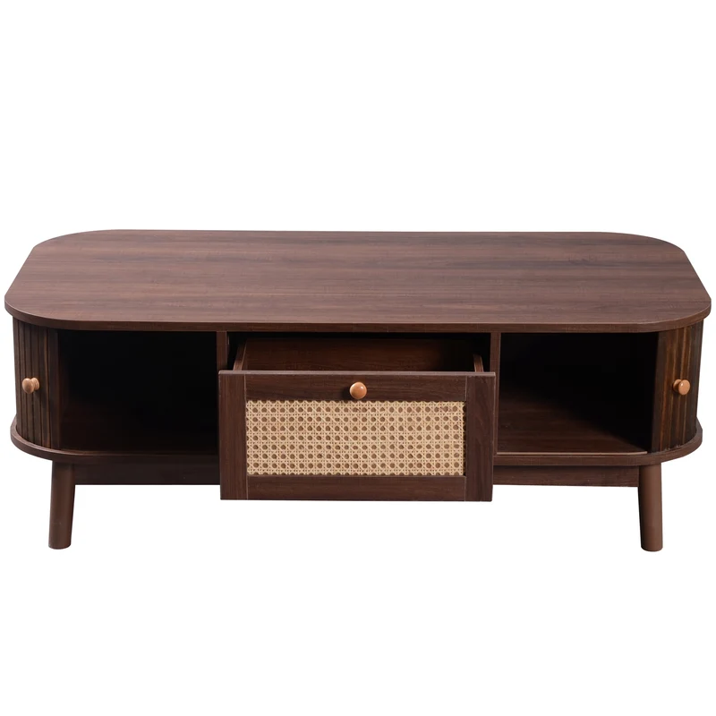 Table basse effet noyer vintage et rotin 1 tiroir et 2 niches portes coulissantes OSOR