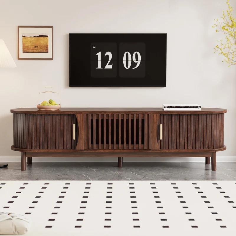 Meuble TV effet bois marron rétro vintage avec portes coulissantes et battantes CEDARWING