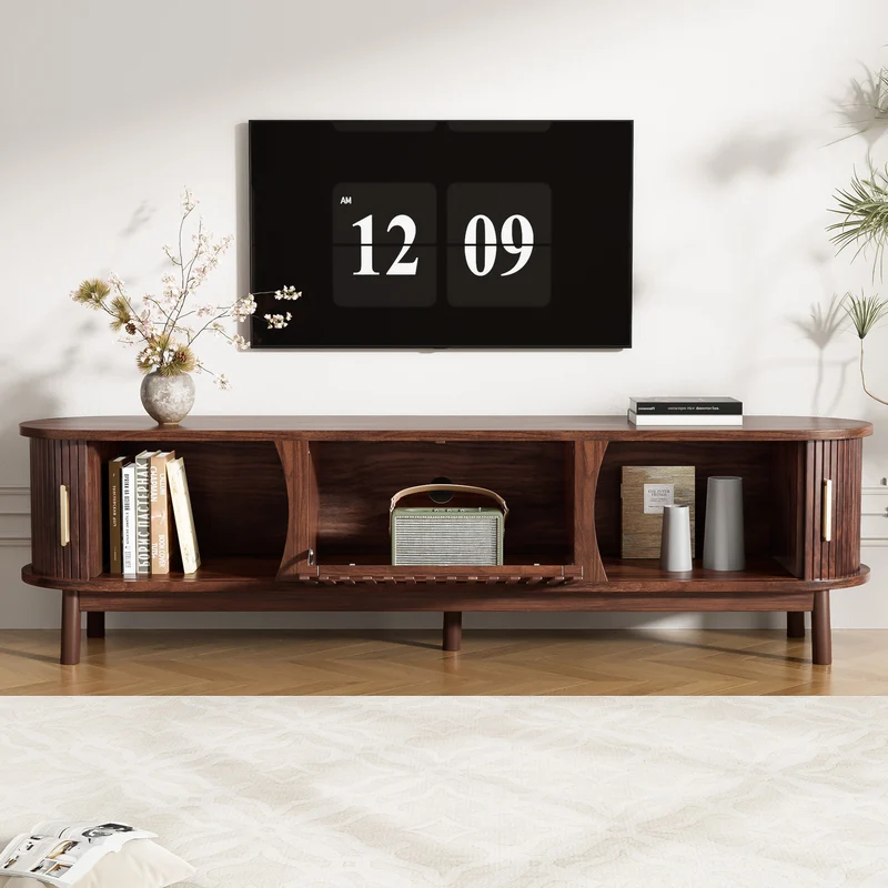 Meuble TV effet bois marron rétro vintage avec portes coulissantes et battantes CEDARWING
