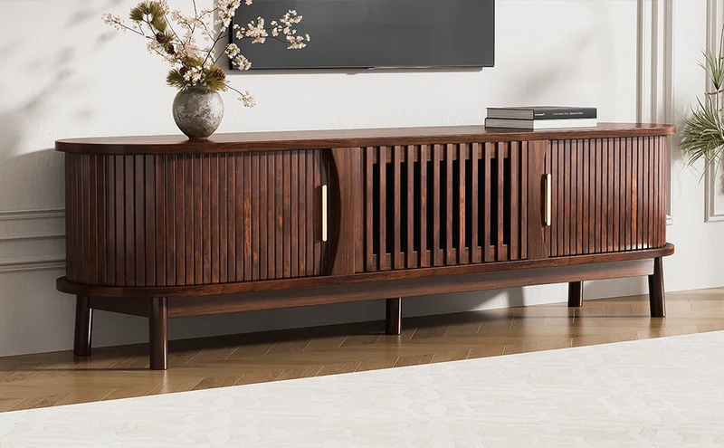 Meuble TV effet bois marron rétro vintage avec portes coulissantes et battantes CEDARWING