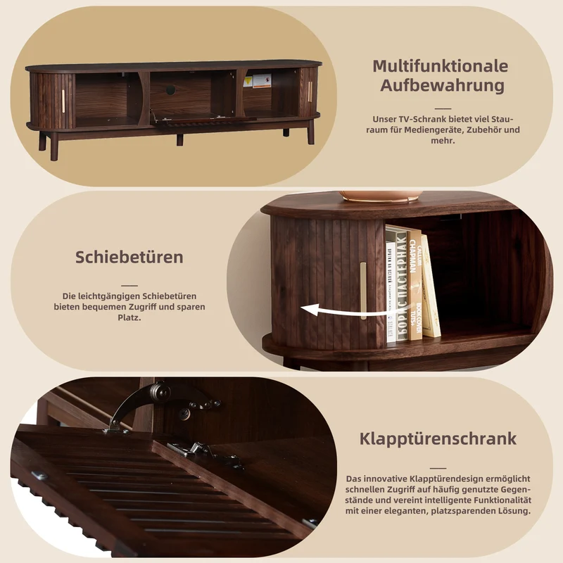 Meuble TV effet bois marron rétro vintage avec portes coulissantes et battantes CEDARWING