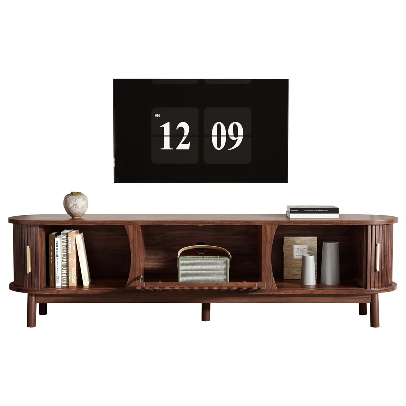 Meuble TV effet bois marron rétro vintage avec portes coulissantes et battantes CEDARWING