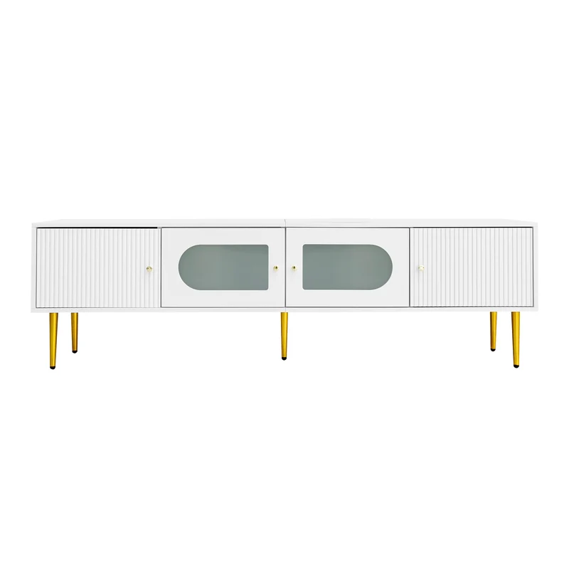 Meuble TV élégant blanc verre courbé avec pieds et poignées dorés 2 portes 170*35*50cm KACCIEN