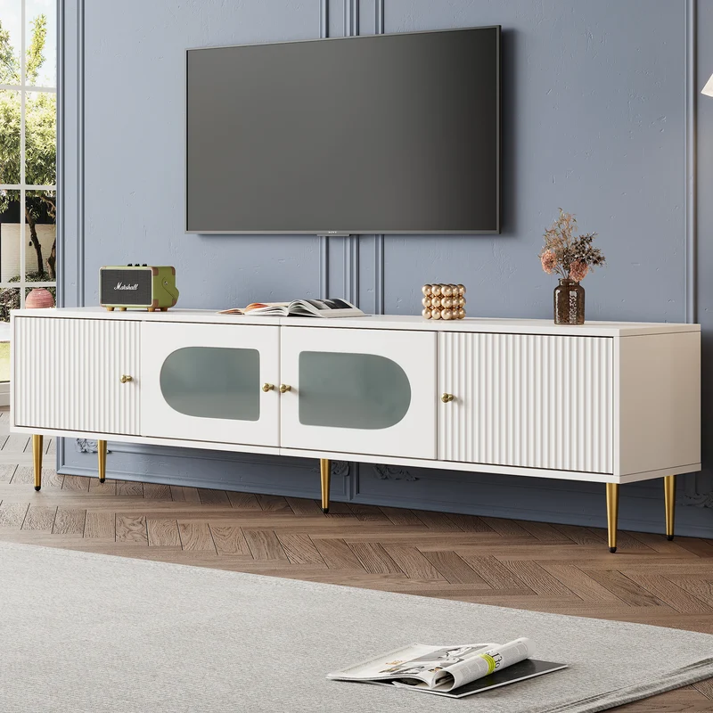 Meuble TV élégant blanc verre courbé avec pieds et poignées dorés 2 portes 170*35*50cm KACCIEN