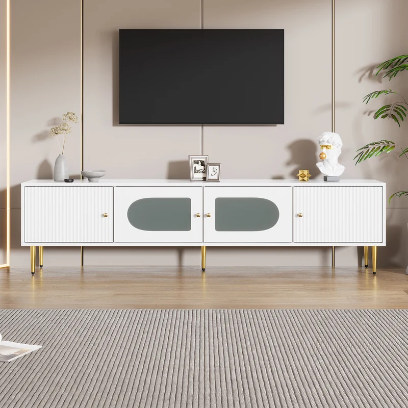 Meuble TV élégant blanc verre courbé avec pieds et poignées dorés 2 portes 170*35*50cm KACCIEN
