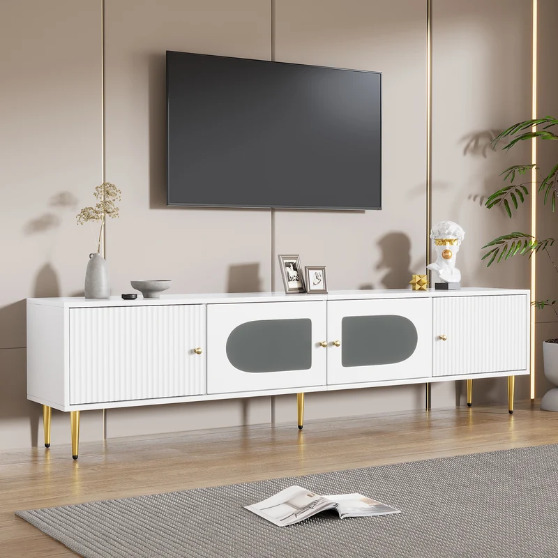 Meuble TV élégant blanc verre courbé avec pieds et poignées dorés 2 portes 170*35*50cm KACCIEN