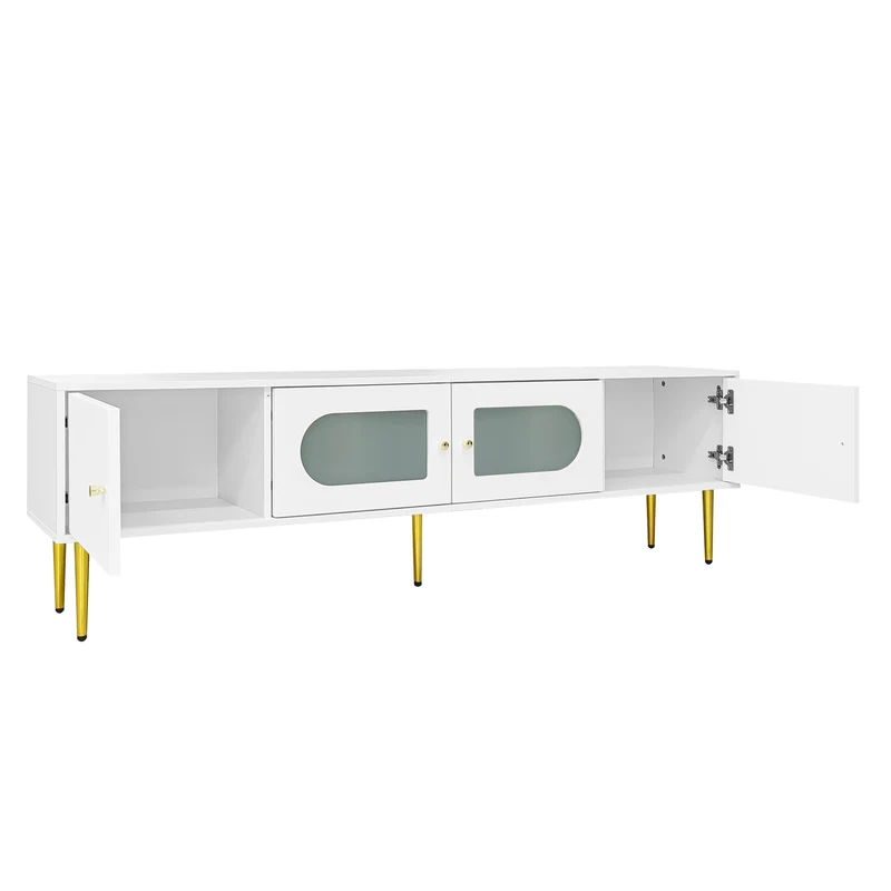 Meuble TV élégant blanc verre courbé avec pieds et poignées dorés 2 portes 170*35*50cm KACCIEN