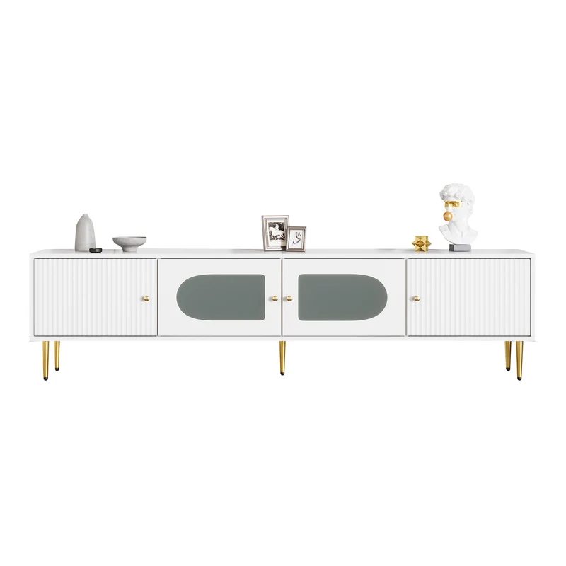 Meuble TV élégant blanc verre courbé avec pieds et poignées dorés 2 portes 170*35*50cm KACCIEN