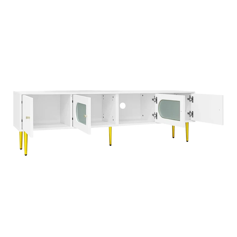 Meuble TV élégant blanc verre courbé avec pieds et poignées dorés 2 portes 170*35*50cm KACCIEN