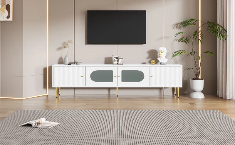 Meuble TV élégant blanc verre courbé avec pieds et poignées dorés 2 portes 170*35*50cm KACCIEN