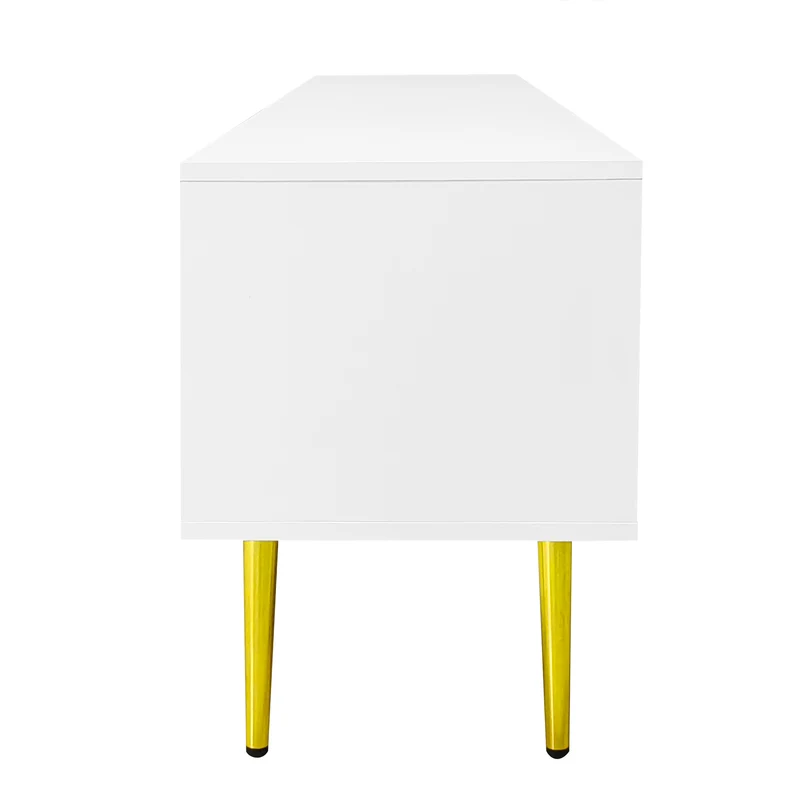 Meuble TV élégant blanc verre courbé avec pieds et poignées dorés 2 portes 170*35*50cm KACCIEN