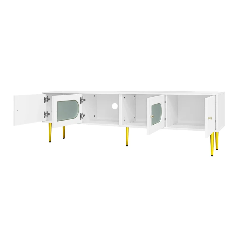 Meuble TV élégant blanc verre courbé avec pieds et poignées dorés 2 portes 170*35*50cm KACCIEN