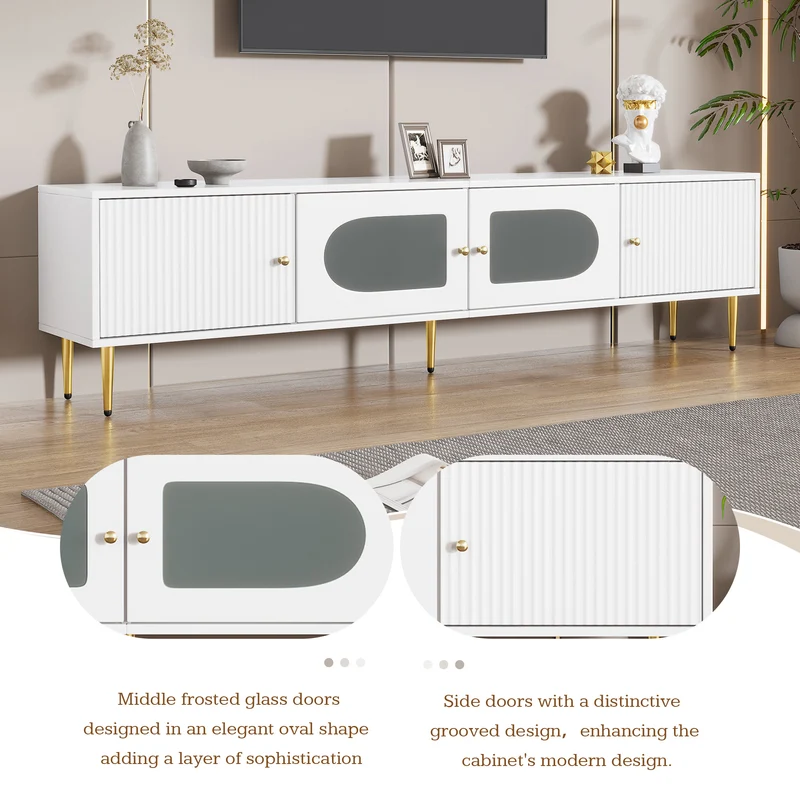 Meuble TV élégant blanc verre courbé avec pieds et poignées dorés 2 portes 170*35*50cm KACCIEN