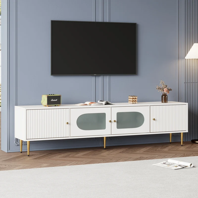 Meuble TV élégant blanc verre courbé avec pieds et poignées dorés 2 portes 170*35*50cm KACCIEN