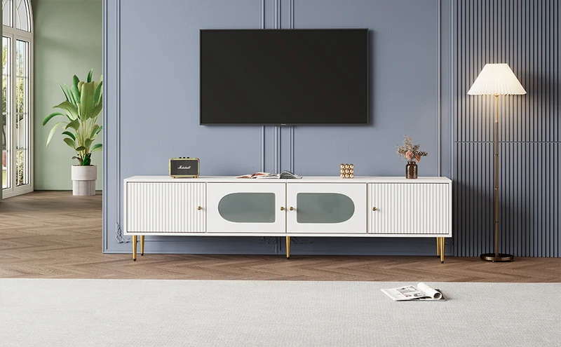 Meuble TV élégant blanc verre courbé avec pieds et poignées dorés 2 portes 170*35*50cm KACCIEN