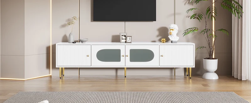 Meuble TV élégant blanc verre courbé avec pieds et poignées dorés 2 portes 170*35*50cm KACCIEN
