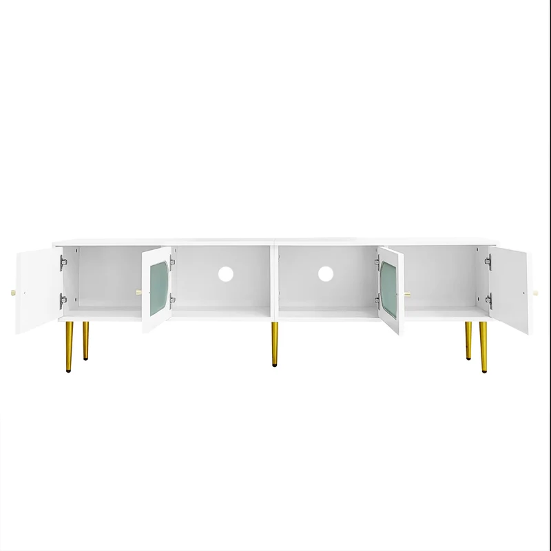 Meuble TV élégant blanc verre courbé avec pieds et poignées dorés 2 portes 170*35*50cm KACCIEN