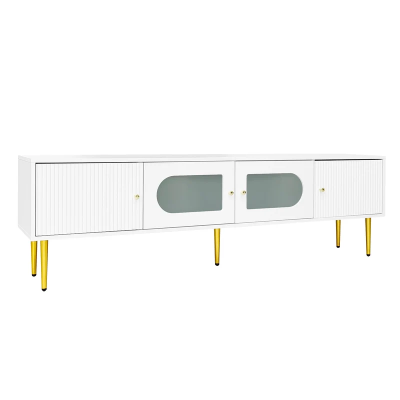 Meuble TV élégant blanc verre courbé avec pieds et poignées dorés 2 portes 170*35*50cm KACCIEN