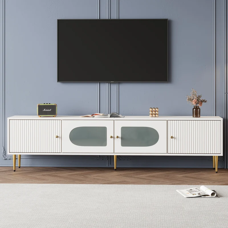 Meuble TV élégant blanc verre courbé avec pieds et poignées dorés 2 portes 170*35*50cm KACCIEN