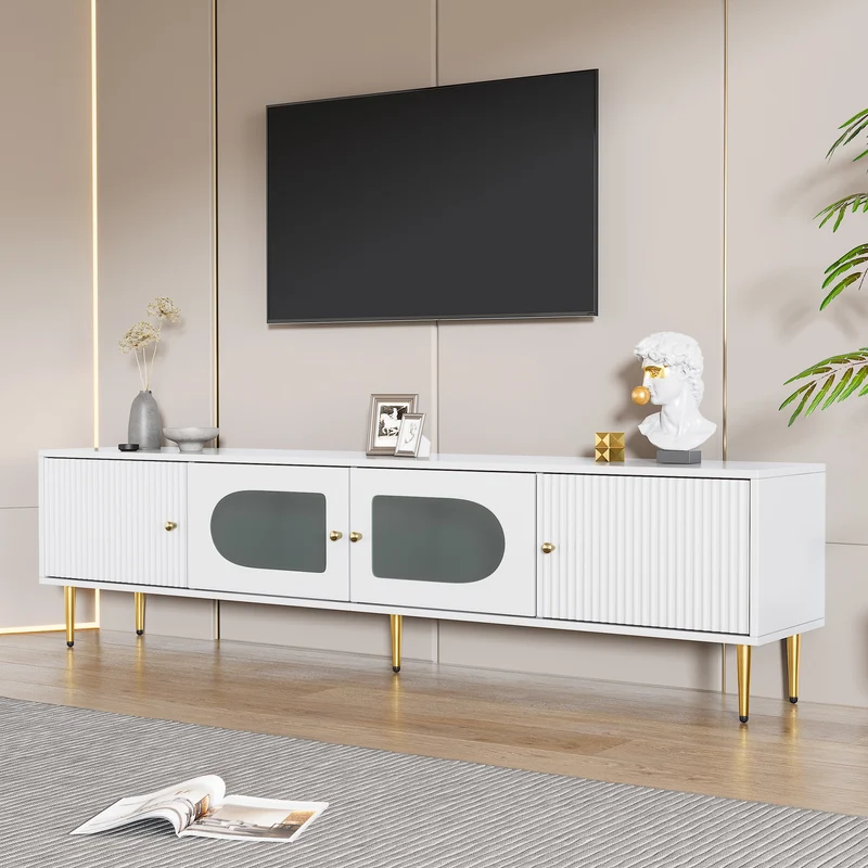 Meuble TV élégant blanc verre courbé avec pieds et poignées dorés 2 portes 170*35*50cm KACCIEN
