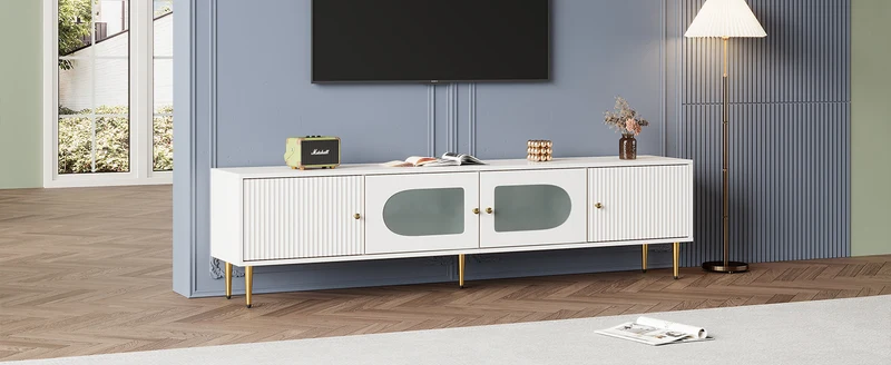 Meuble TV élégant blanc verre courbé avec pieds et poignées dorés 2 portes 170*35*50cm KACCIEN