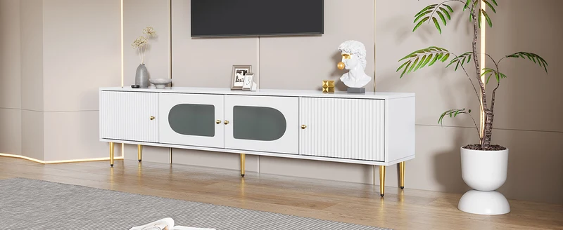 Meuble TV élégant blanc verre courbé avec pieds et poignées dorés 2 portes 170*35*50cm KACCIEN