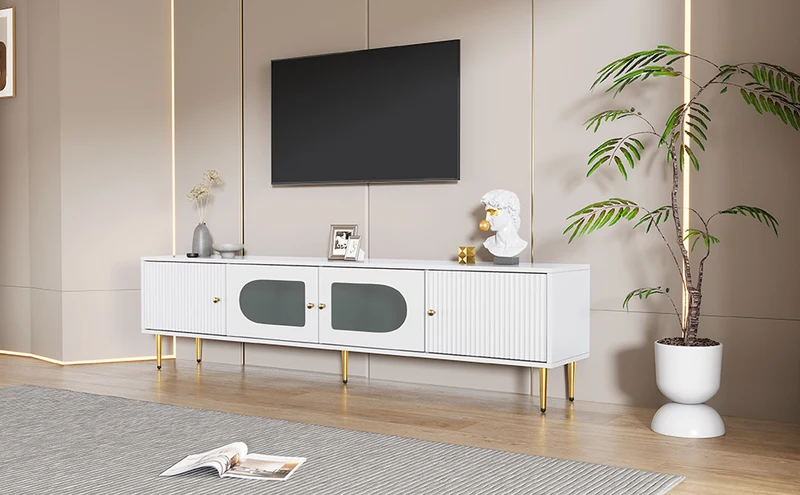 Meuble TV élégant blanc verre courbé avec pieds et poignées dorés 2 portes 170*35*50cm KACCIEN