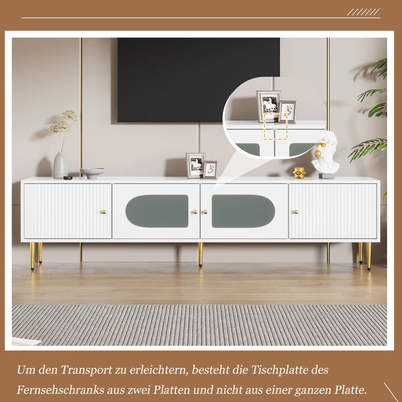 Meuble TV élégant blanc verre courbé avec pieds et poignées dorés 2 portes 170*35*50cm KACCIEN