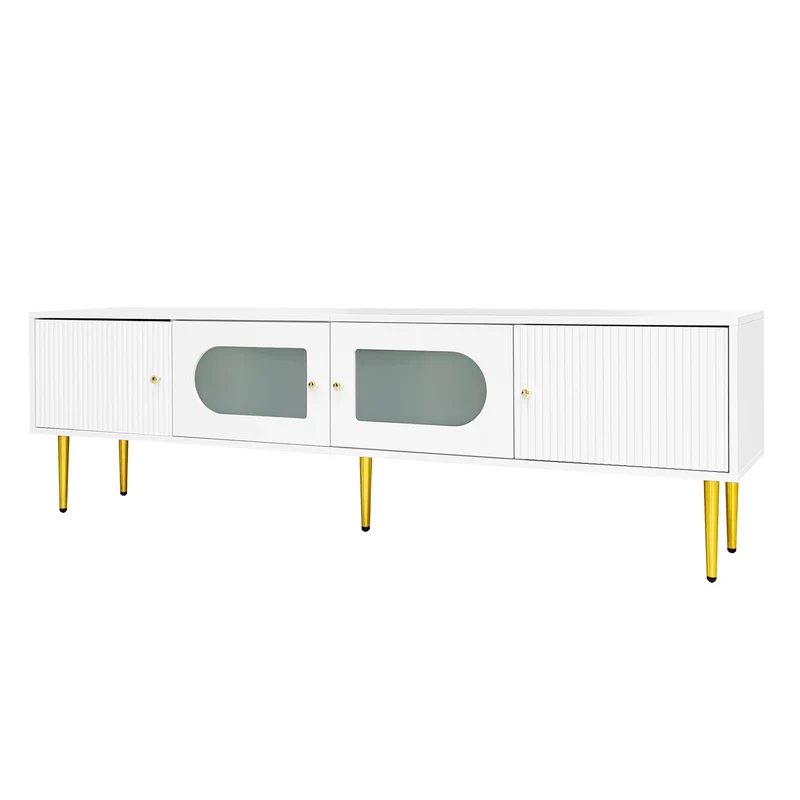 Meuble TV élégant blanc verre courbé avec pieds et poignées dorés 2 portes 170*35*50cm KACCIEN