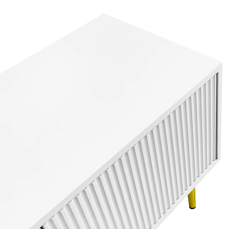 Meuble TV élégant blanc verre courbé avec pieds et poignées dorés 2 portes 170*35*50cm KACCIEN