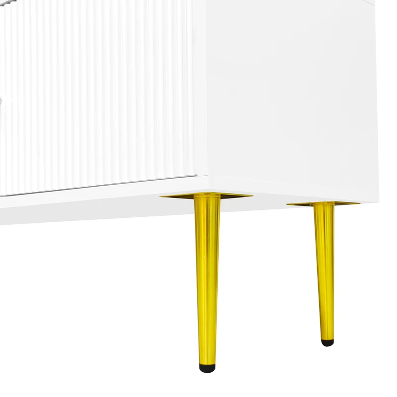 Meuble TV élégant blanc verre courbé avec pieds et poignées dorés 2 portes 170*35*50cm KACCIEN